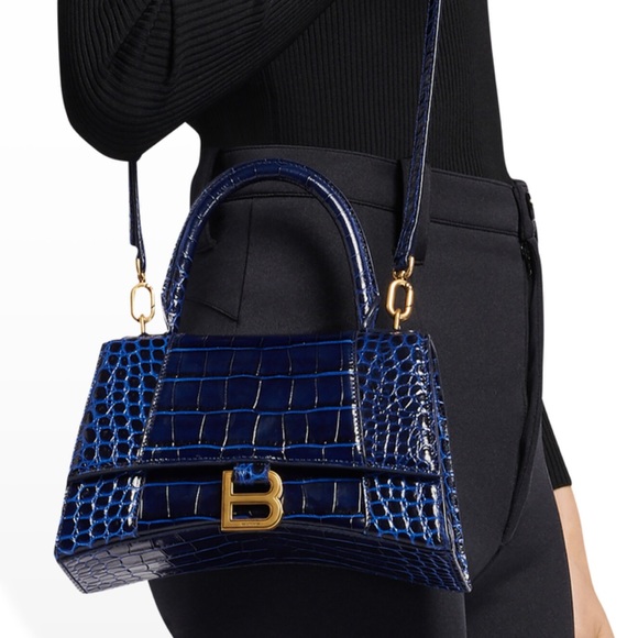 *SOLD* Balenciaga Small Blue Hourglass Croc-embossed Leather Top Handle Bag - Picture 2 of 7